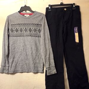 Boys Cherokee Outfit Size 8 – Gray Aztec Long Sleeve Shirt & Black Khakis